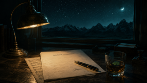 A noir-style desk scene — signed articles of incorporation, brass lamp, whiskey with a shamrock, Wyoming mountains through the window